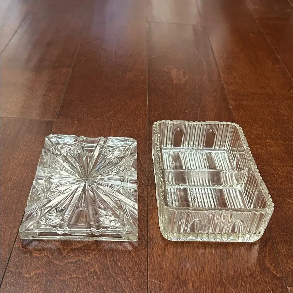 Vintage Clear Glass Jewelry Box or Catch All, Divided into Two Compartments,